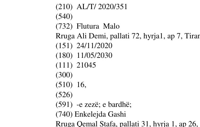 Zëri i markës AL/T/2020/351 në buletin