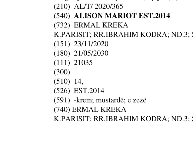 Zëri i markës ALISON MARIOT EST.2014 në buletin