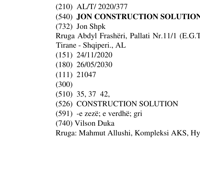 Zëri i markës JON CONSTRUCTION SOLUTION në buletin