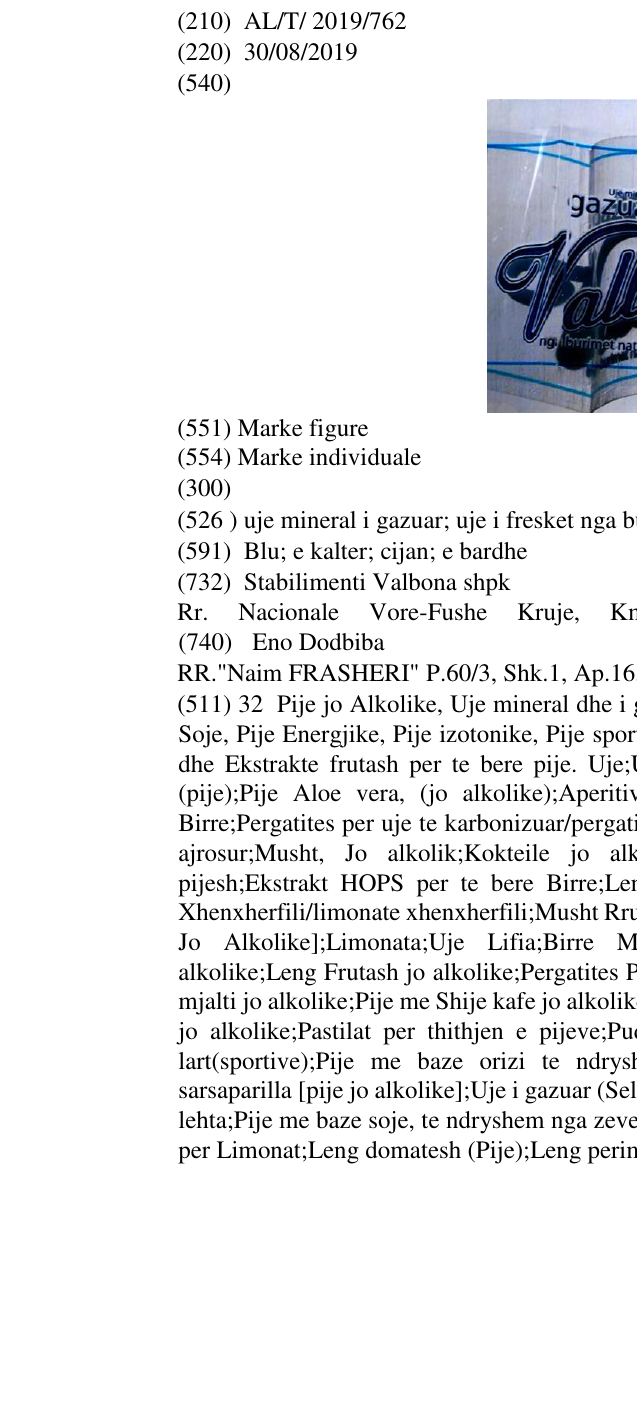 Zëri i markës uje mineral i gazuar; uje i fresket nga burimet natyrore; Albania në buletin