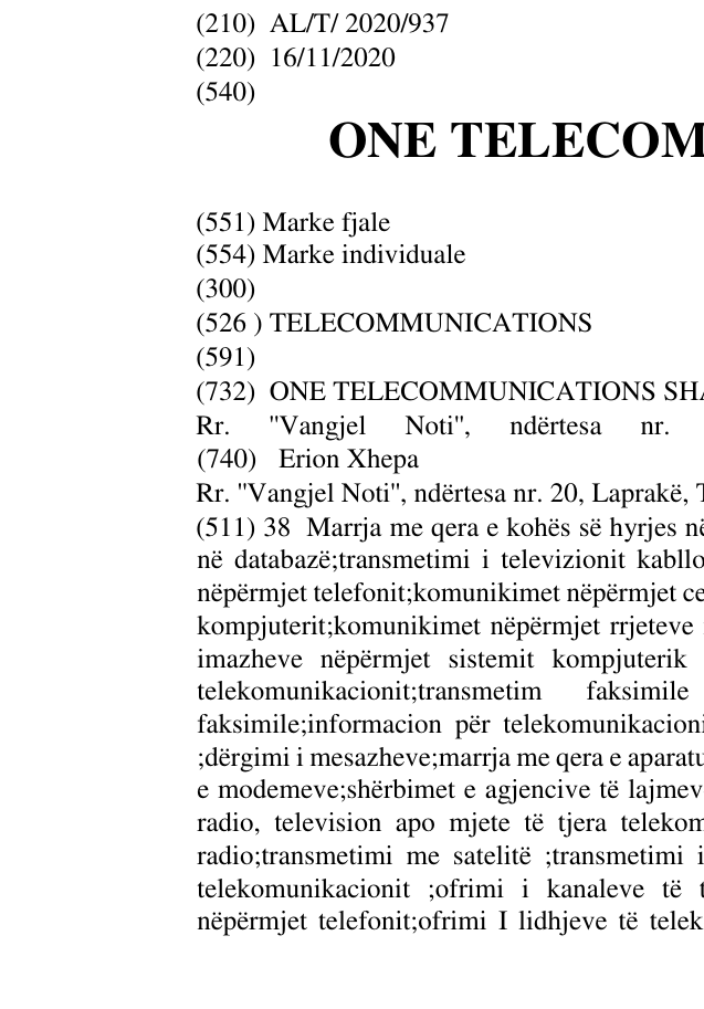 Zëri i markës ONE TELECOMMUNICATIONS në buletin