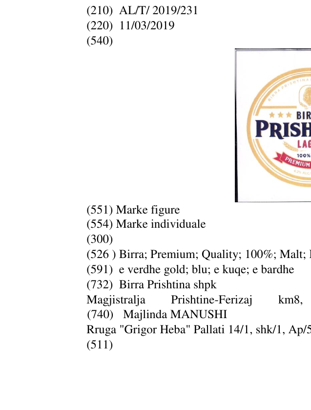 Zëri i markës Birra; Premium; Quality; 100%; Malt; Lager; yjet; 4.2; %; Alc; Vol; 0.33l. në buletin
