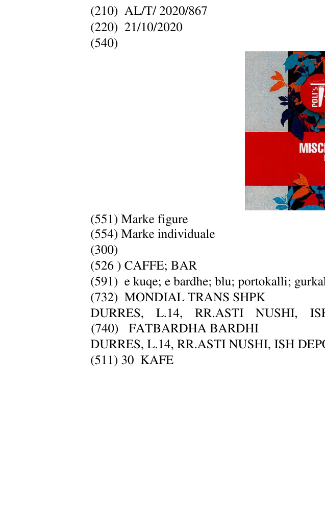 Zëri i markës CAFFE; BAR në buletin