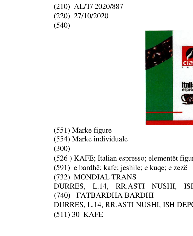 Zëri i markës KAFE; Italian espresso; elementët figurativ të kokrrave të kafesë në buletin