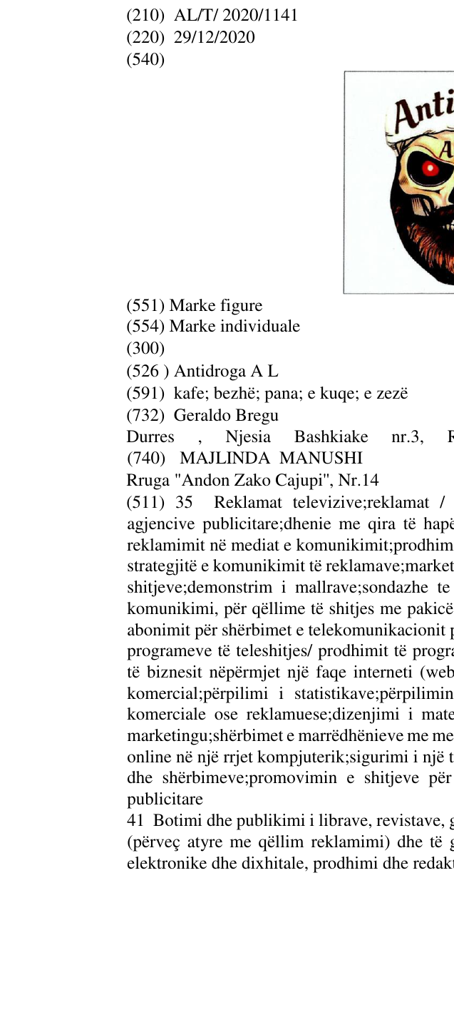 Zëri i markës Antidroga A L në buletin