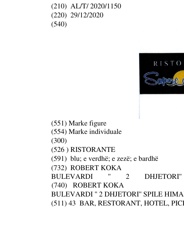 Zëri i markës RISTORANTE në buletin