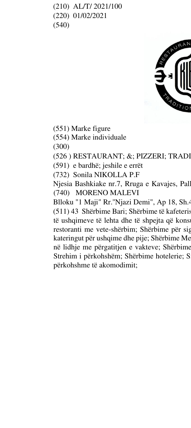 Zëri i markës RESTAURANT; &; PIZZERI; TRADITIONAL FOOD; në buletin