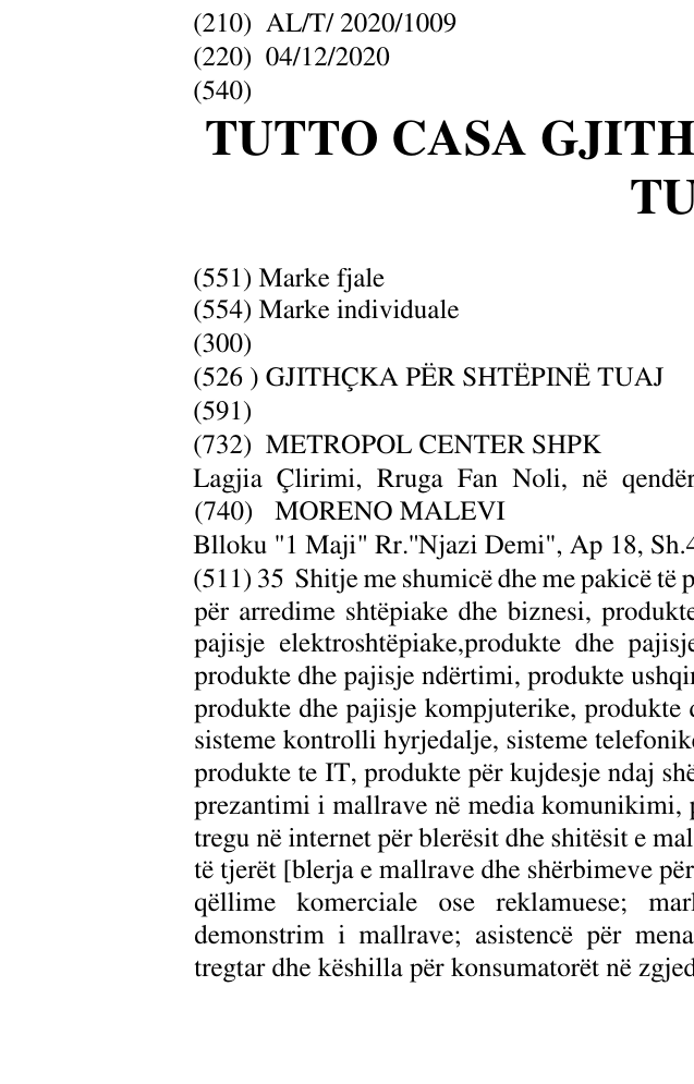 Zëri i markës TUTTO CASA GJITHÇKA PËR SHTËPINË TUAJ në buletin