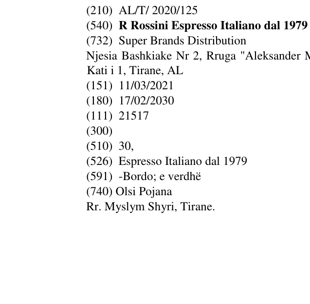 Zëri i markës R Rossini Espresso Italiano dal 1979 në buletin