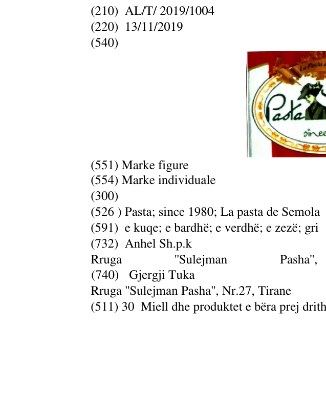 Zëri i markës Pasta; since 1980; La pasta de Semola në buletin