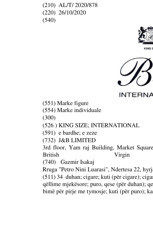 Zëri i markës KING SIZE; INTERNATIONAL në buletin