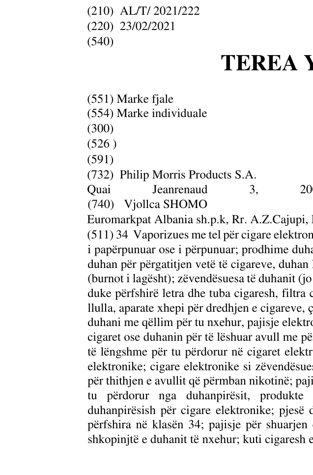 Zëri i markës TEREA YELLOW në buletin
