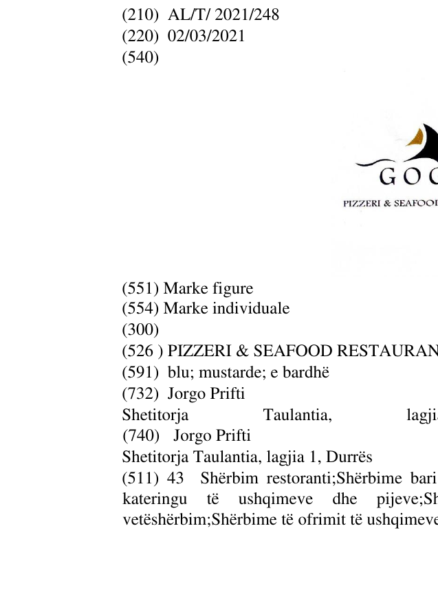 Zëri i markës PIZZERI & SEAFOOD RESTAURANT në buletin