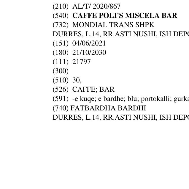 Zëri i markës CAFFE POLI'S MISCELA BAR në buletin