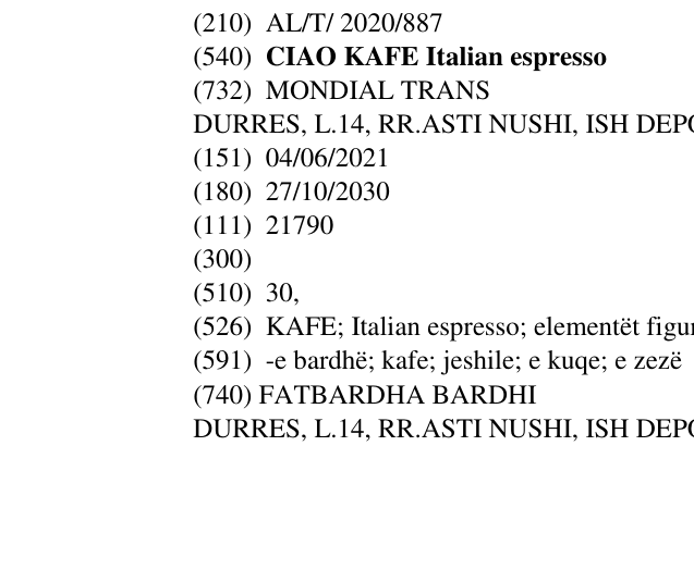 Zëri i markës CIAO KAFE Italian espresso në buletin