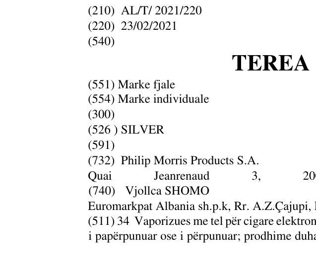 Zëri i markës TEREA SILVER në buletin