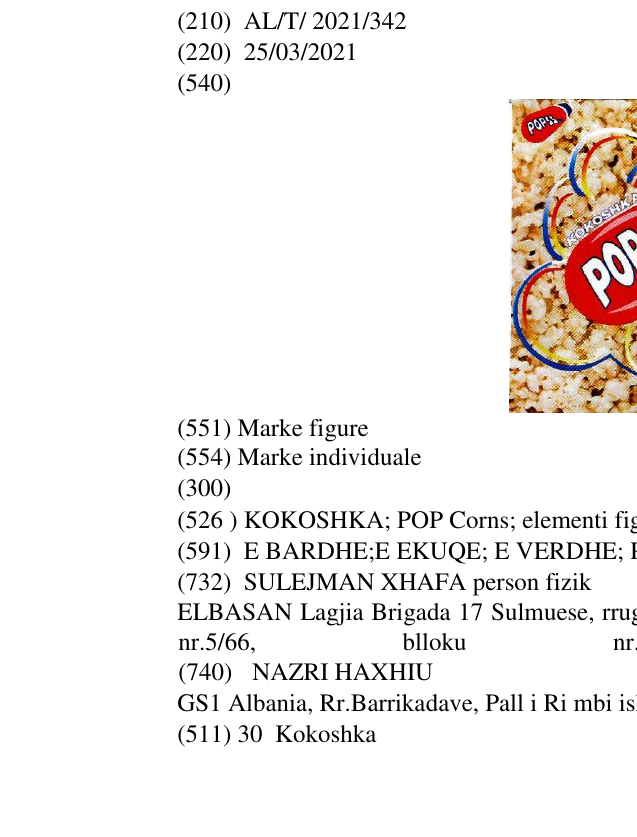 Zëri i markës KOKOSHKA; POP Corns; elementi figurativ i kokoshkes në buletin