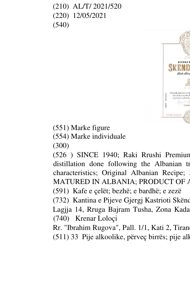 Zëri i markës SINCE 1940; Raki Rrushi Premium; Manually selection of grape and double distillation done following the Albanian traditional way to preserve authenticity and characteristics; Original Albanian Recipe; 3 years of aging; 500 ml; 45% Alc/Vol; MATURED IN ALBANIA; PRODUCT OF ALBANIA në buletin