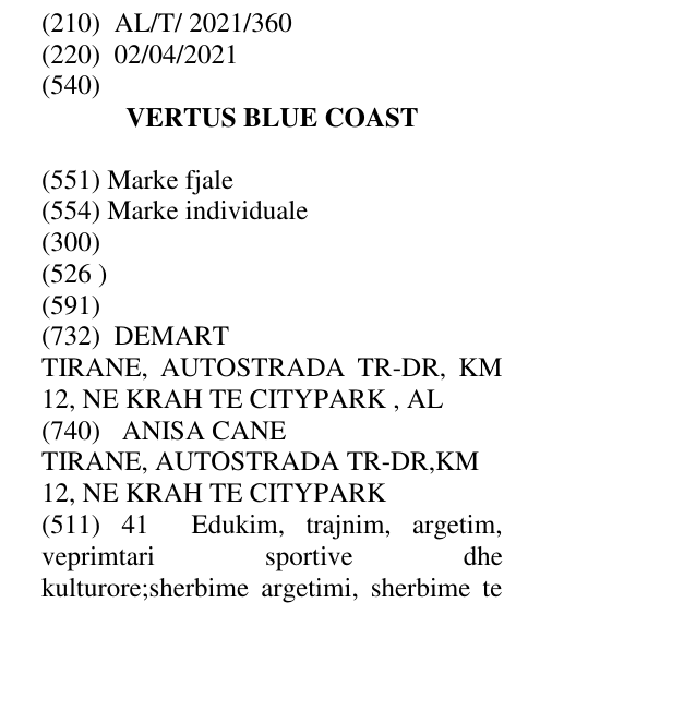 Zëri i markës VERTUS BLUE COAST në buletin