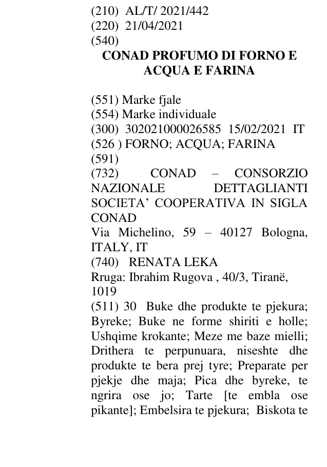 Zëri i markës CONAD PROFUMO DI FORNO E ACQUA E FARINA në buletin