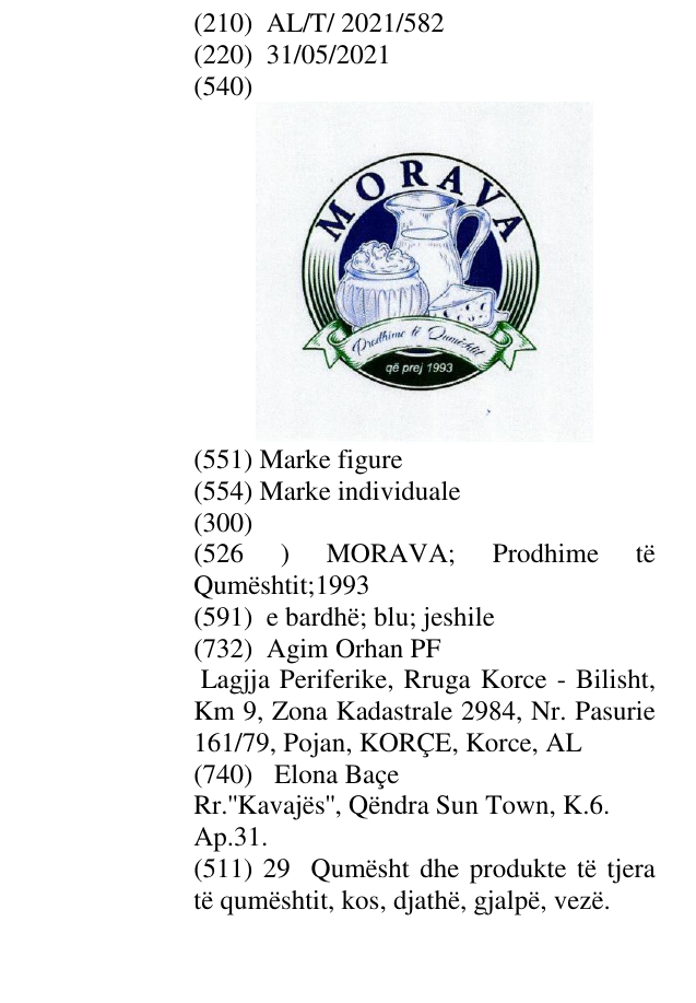 Zëri i markës MORAVA; Prodhime të Qumështit;1993 në buletin