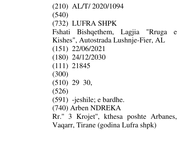 Zëri i markës AL/T/2020/1094 në buletin