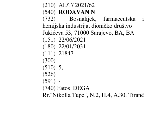 Zëri i markës RODAVAN N në buletin