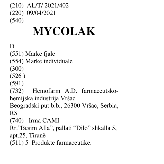 Zëri i markës MYCOLAK D në buletin