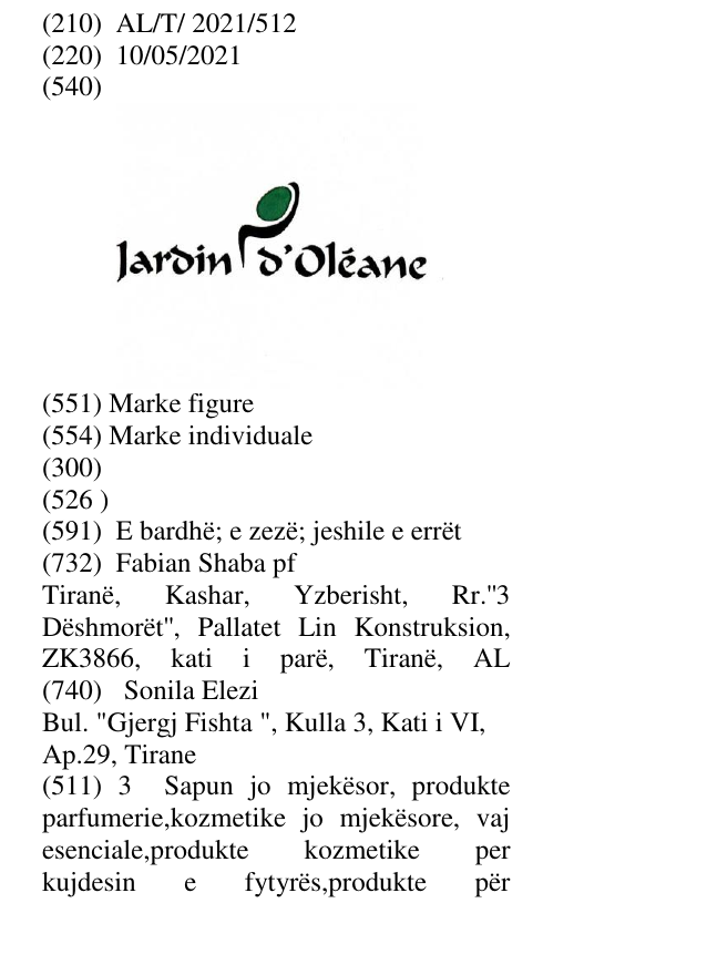 Zëri i markës Jardin D'Oleane në buletin