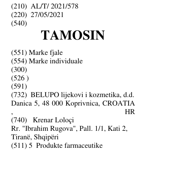 Zëri i markës TAMOSIN në buletin