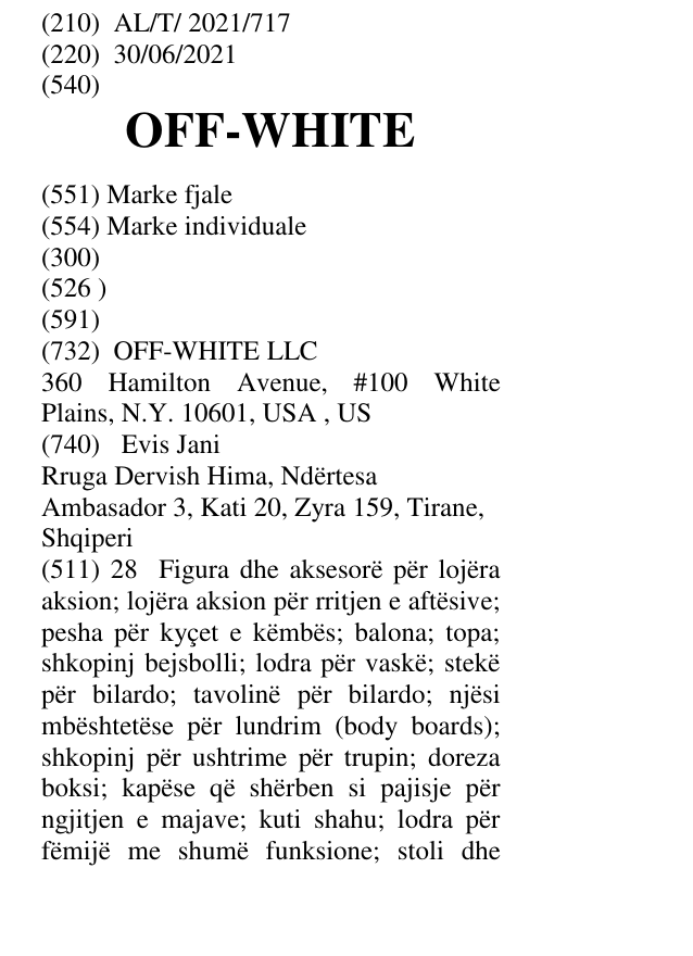 Zëri i markës OFF-WHITE në buletin