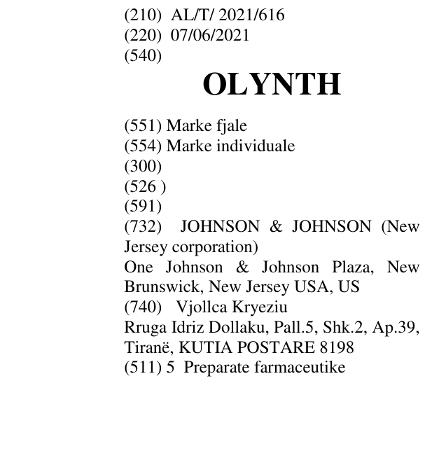 The entry of the trademark OLYNTH in the bulletin