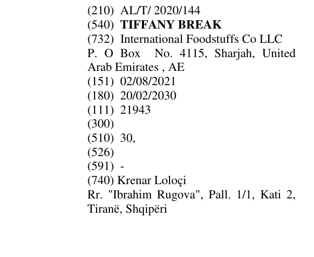Zëri i markës TIFFANY BREAK në buletin