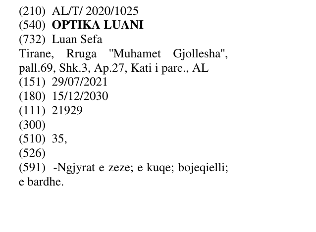 Zëri i markës OPTIKA LUANI në buletin
