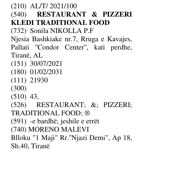 Zëri i markës RESTAURANT & PIZZERI KLEDI TRADITIONAL FOOD në buletin