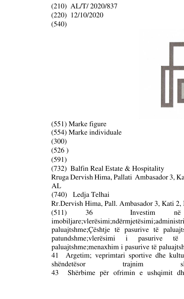 Zëri i markës AL/T/2020/837 në buletin