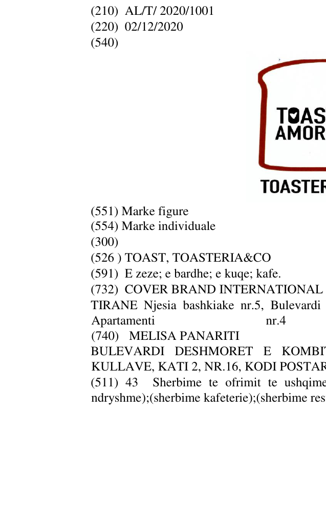 Zëri i markës TOAST, TOASTERIA&CO në buletin