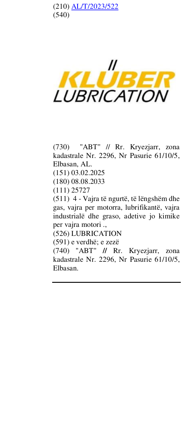 Zëri i markës LUBRICATION në buletin