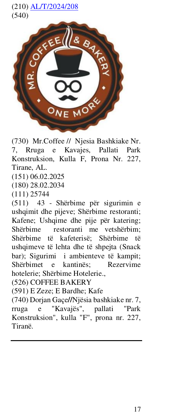 Zëri i markës COFFEE BAKERY në buletin