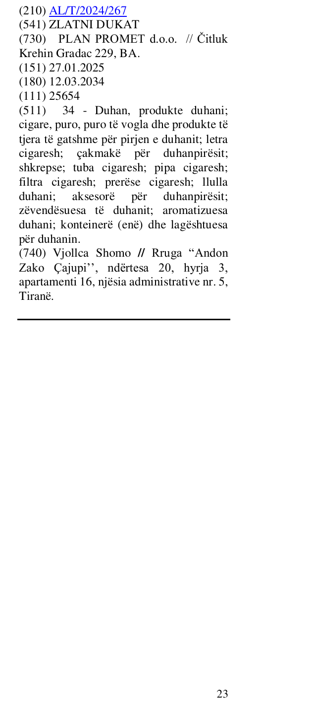 Zëri i markës ZLATNI DUKAT në buletin
