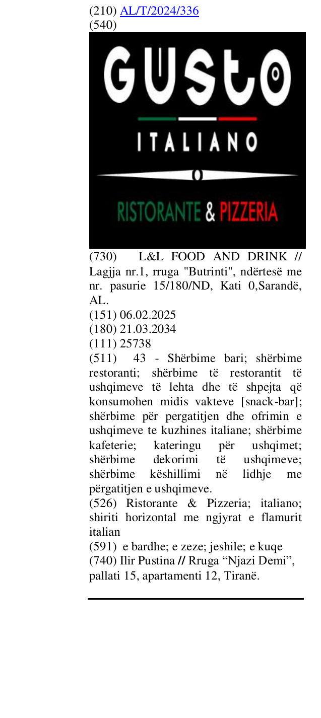 Zëri i markës Ristorante & Pizzeria; italiano; shiriti horizontal me ngjyrat e flamurit italian në buletin