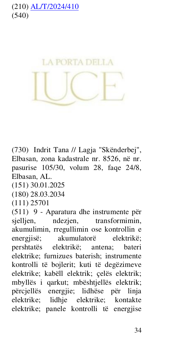 Zëri i markës La porta della luce në buletin