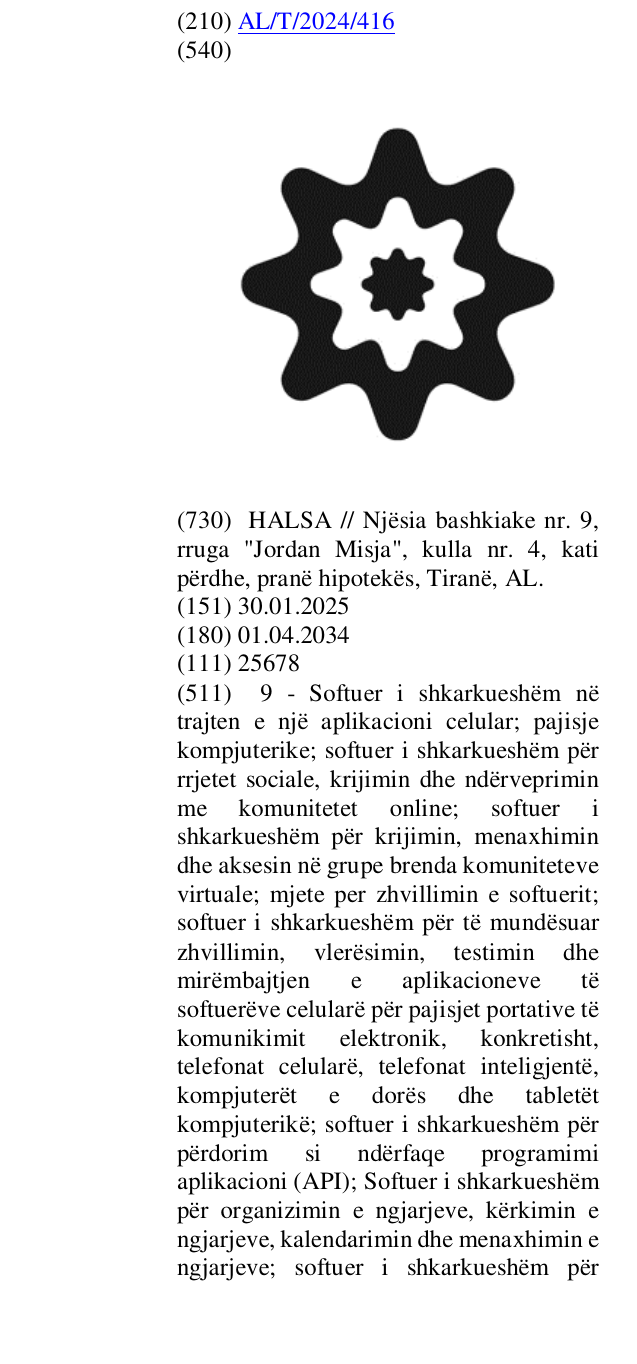 Zëri i markës AL/T/2024/416 në buletin