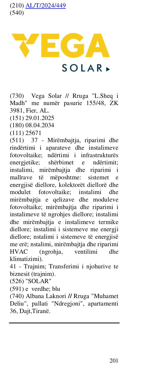 Zëri i markës "SOLAR" në buletin