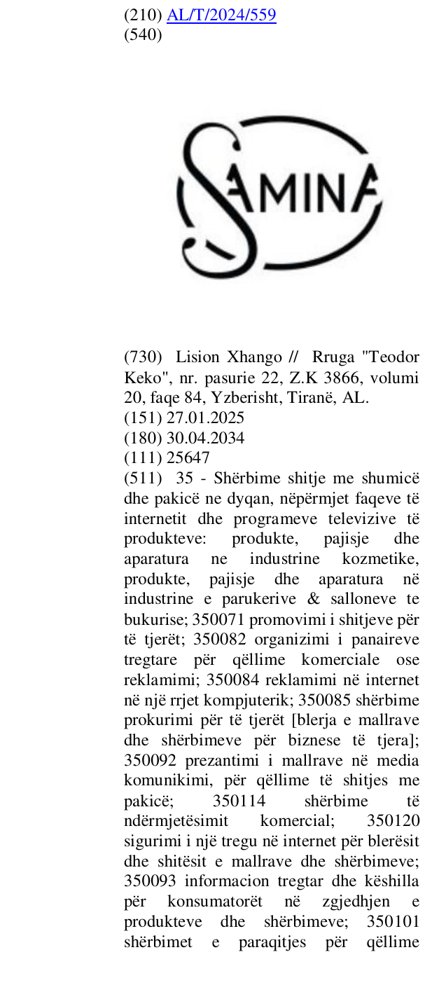 Zëri i markës SAMINA në buletin