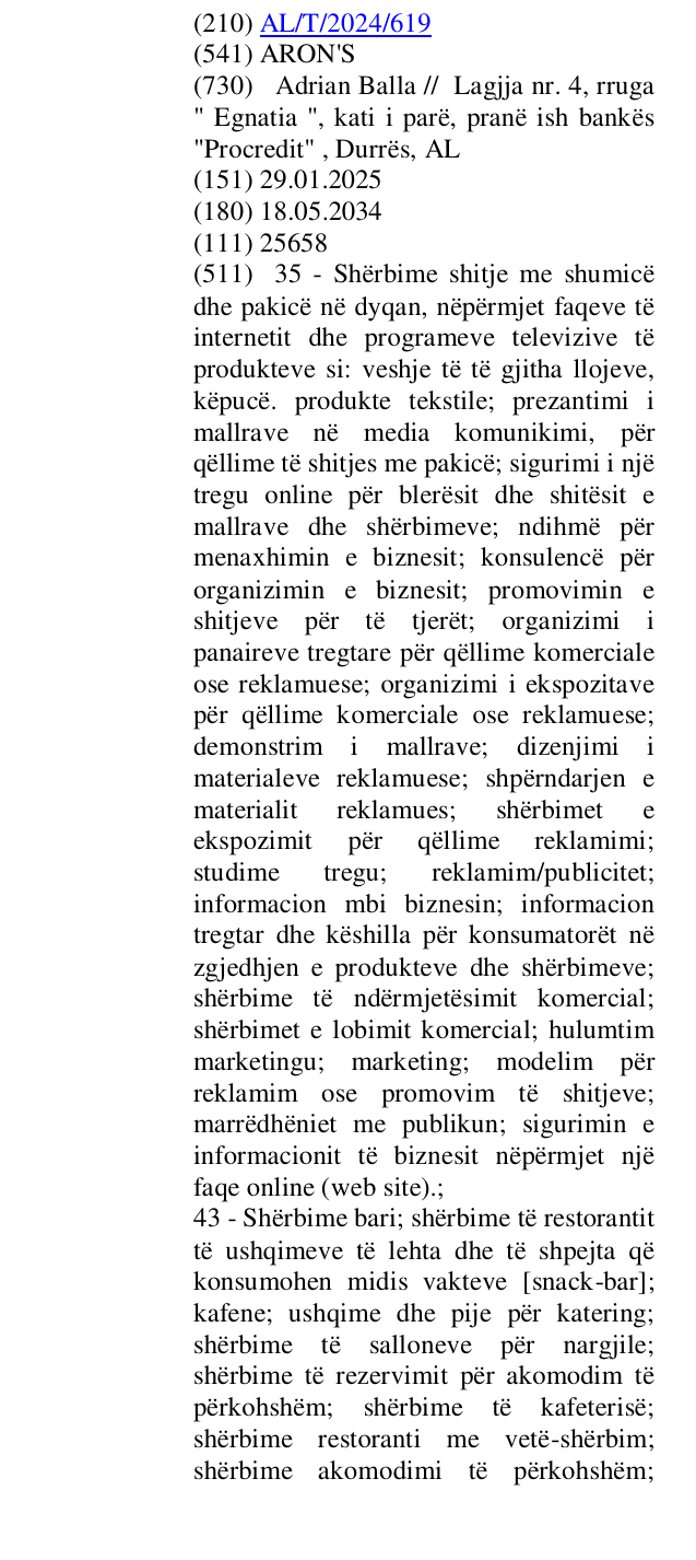 Zëri i markës ARON'S në buletin