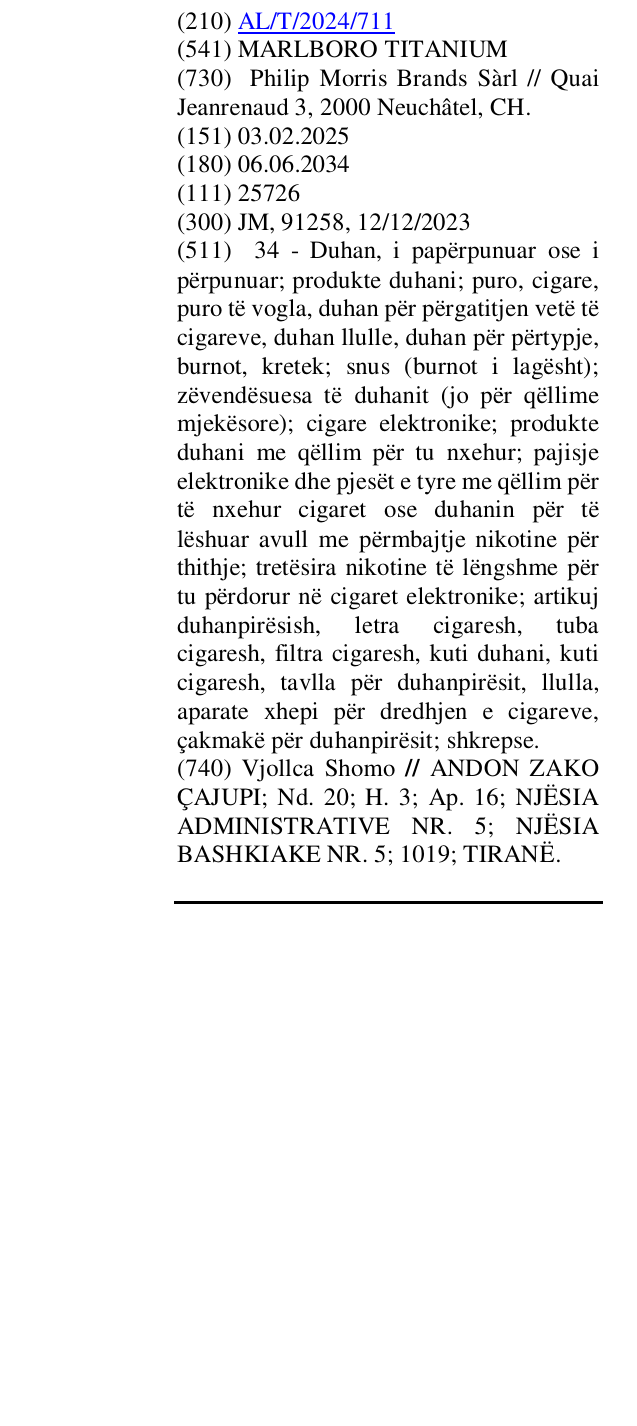 Zëri i markës MARLBORO TITANIUM në buletin