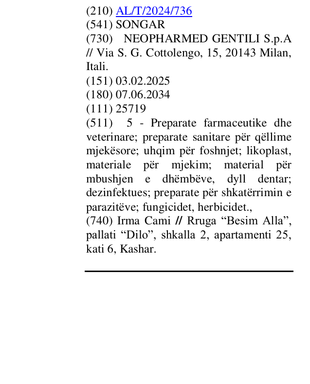 Zëri i markës SONGAR në buletin