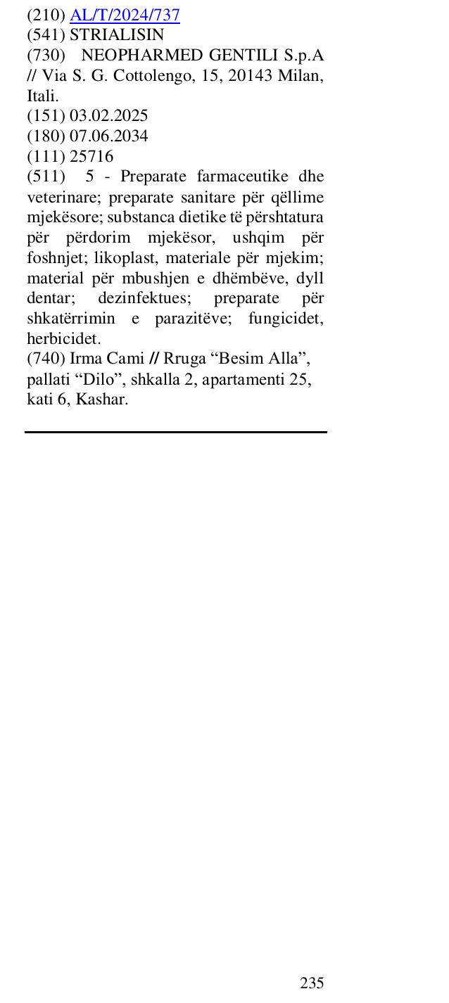 Zëri i markës STRIALISIN në buletin