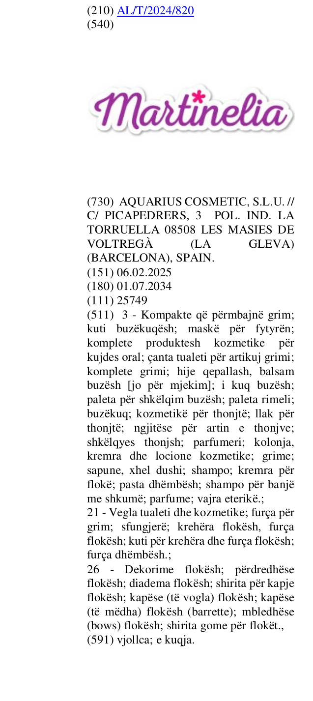 Zëri i markës MARTINELIA në buletin